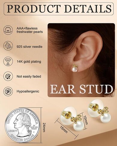 ZLP Bow Earrings for Women | 14k Gold Plated Pearl Stud Earrings |AAA+ Real Pearl Stud Earring | Dainty Small Studs for Women | Trendy Gold Earring (B&P) in Saudi Arabia