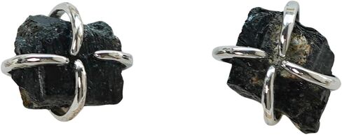 Raw Black Tourmaline Stud Earrings, 18K Gold or Silver Plated Brass, 4-Claw Setting, Crystal Earrings, Gemstone Earrings in Kuwait