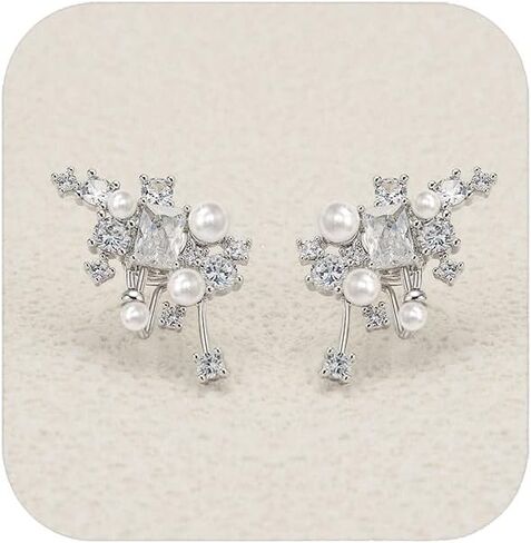 Crysdue Simulated Pearl Earring for Brides Bridesmaid, Cubic Zirconia Fashion Floral Stud Earrings for Wedding Prom Pageant in Saudi Arabia