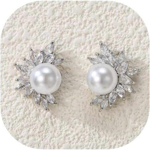 Crysdue Simulated Pearl Earring for Brides Bridesmaid, Cubic Zirconia Fashion Floral Stud Earrings for Wedding Prom Pageant in Saudi Arabia