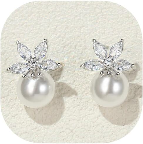 Crysdue Simulated Pearl Earring for Brides Bridesmaid, Cubic Zirconia Fashion Floral Stud Earrings for Wedding Prom Pageant in Saudi Arabia