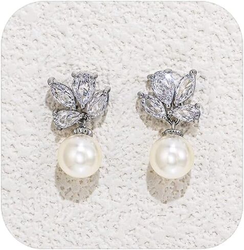 Crysdue Simulated Pearl Earring for Brides Bridesmaid, Cubic Zirconia Fashion Floral Stud Earrings for Wedding Prom Pageant in Saudi Arabia