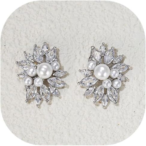 Crysdue Simulated Pearl Earring for Brides Bridesmaid, Cubic Zirconia Fashion Floral Stud Earrings for Wedding Prom Pageant in Saudi Arabia
