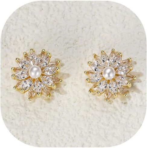Crysdue Simulated Pearl Earring for Brides Bridesmaid, Cubic Zirconia Fashion Floral Stud Earrings for Wedding Prom Pageant in Saudi Arabia
