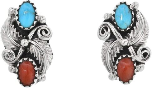 Small Navajo Turquoise Coral Silver Post Earrings Hammered Sterling Leaves Design 0121 in Saudi Arabia