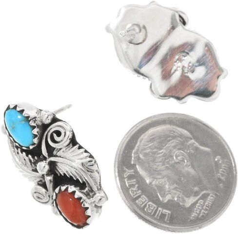 Small Navajo Turquoise Coral Silver Post Earrings Hammered Sterling Leaves Design 0121 in Saudi Arabia