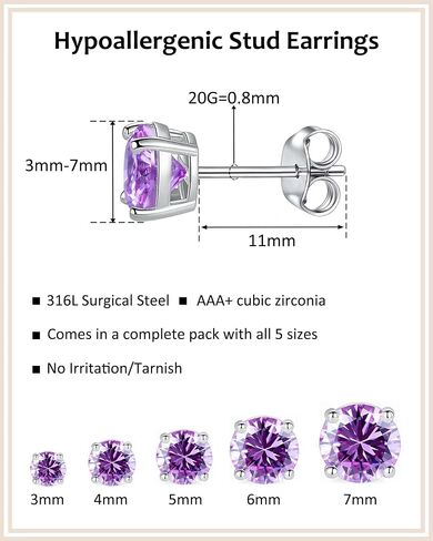 5 Pairs 316L Surgical Stainless Steel Stud Earrings for Women, Hypoallergenic Multi-Color Cubic Zirconia Earrings Set, 3-7mm CZ Studs for Multiple Piercing in Saudi Arabia