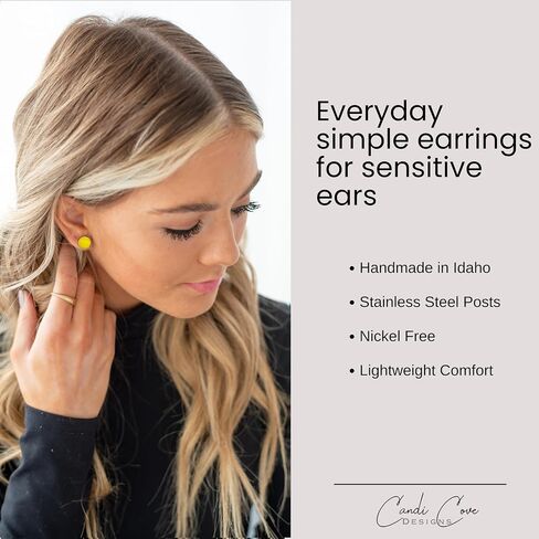 Stud Earrings, Bright Yellow, 10 mm Round Studs for Women Men Unisex Handmade, Stainless Steel Posts for Sensitive Ears, Lightweight Color Dot Vibrant Earrings by Candi Cove Designs in Kuwait