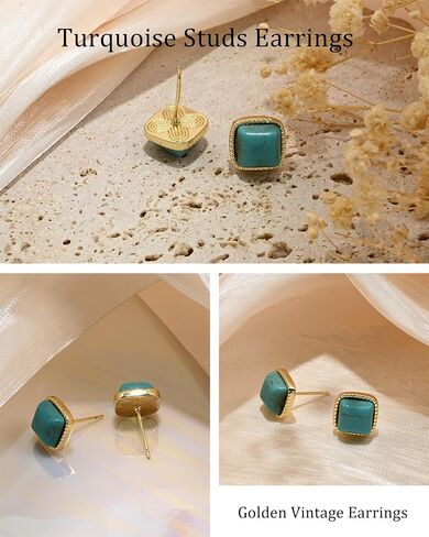 14K Gold Plated Turquoise Stone Square Stud Western Bohemian Earrings Vintage Blue Teal Jewelry for Women in Kuwait