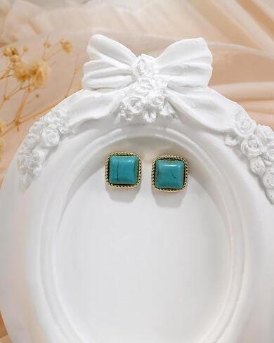 14K Gold Plated Turquoise Stone Square Stud Western Bohemian Earrings Vintage Blue Teal Jewelry for Women in Kuwait