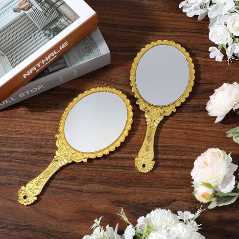 12Pcs Vintage Handheld Mirror with Handle 9.8" L x 4.5" W Gold Embossed Portable Small Mirrors Bulk for Princess Party Favors Travel Handle Mirrors for Women Gold Embossed Flower Princess in Kuwait