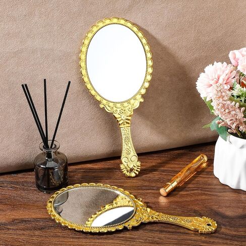 12Pcs Vintage Handheld Mirror with Handle 9.8" L x 4.5" W Gold Embossed Portable Small Mirrors Bulk for Princess Party Favors Travel Handle Mirrors for Women Gold Embossed Flower Princess in Kuwait