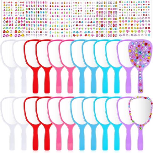 24 Pcs Small Handheld Mirror with Handle Bulk with 12 Sheet Colorful Gemstone Stickers DIY Decorate Your Own Princess Mirror for Princess Birthday Party Favors Crafts 3x7inches in Kuwait