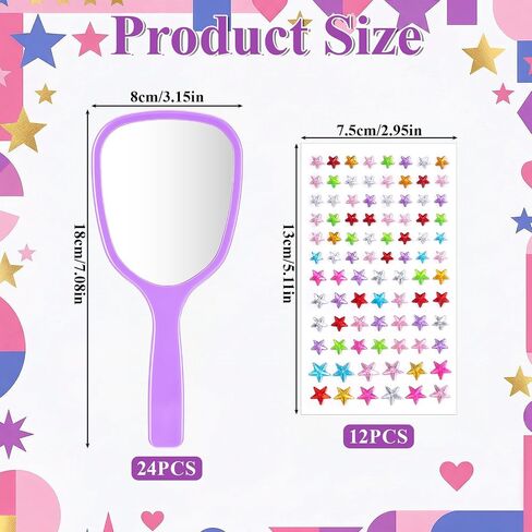 24 Pcs Small Handheld Mirror with Handle Bulk with 12 Sheet Colorful Gemstone Stickers DIY Decorate Your Own Princess Mirror for Princess Birthday Party Favors Crafts 3x7inches in Kuwait