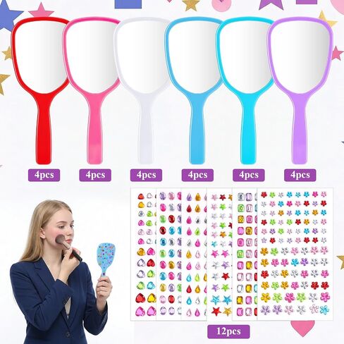 24 Pcs Small Handheld Mirror with Handle Bulk with 12 Sheet Colorful Gemstone Stickers DIY Decorate Your Own Princess Mirror for Princess Birthday Party Favors Crafts 3x7inches in Kuwait