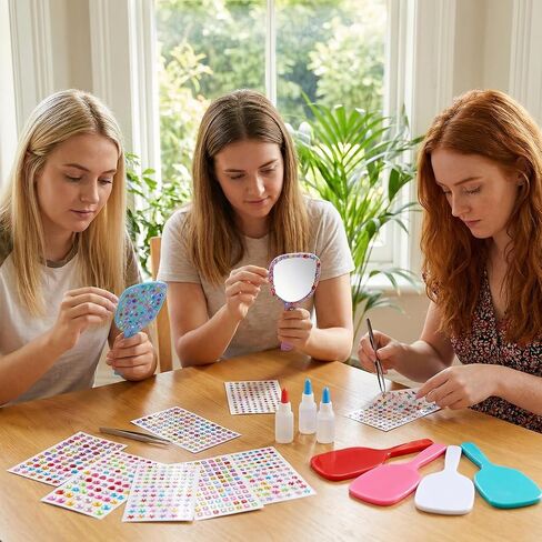24 Pcs Small Handheld Mirror with Handle Bulk with 12 Sheet Colorful Gemstone Stickers DIY Decorate Your Own Princess Mirror for Princess Birthday Party Favors Crafts 3x7inches in Kuwait