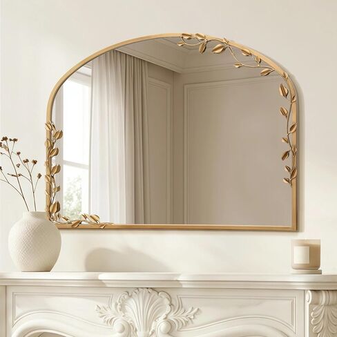 Besdomus Ornate Arched Wall Mirror: 40"x30" Large Brass Gold Fireplace Decorative Mirror - Arch Metal Framed with Vine Decorative - Modern Farmhouse for Mantel/Living Room/Entryway/Bathroom in Saudi Arabia