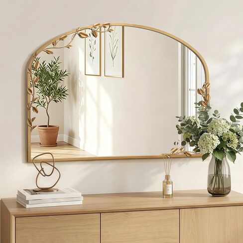 Besdomus Ornate Arched Wall Mirror: 40"x30" Large Brass Gold Fireplace Decorative Mirror - Arch Metal Framed with Vine Decorative - Modern Farmhouse for Mantel/Living Room/Entryway/Bathroom in Saudi Arabia