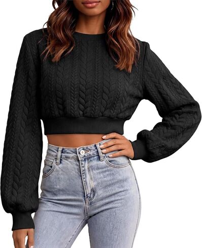 Women Crew Neck Cropped Sweater Tops Cable Knit Long Lantern Sleeve Fall Winter Fitted Ribbed Pullover Sweaters in Kuwait