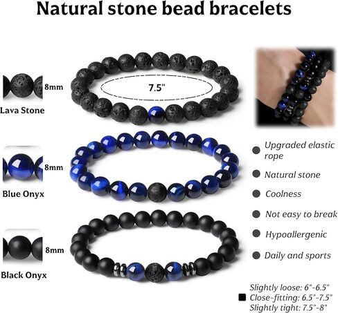 Natural Stone Bead Bracelets for Men, Valentines Mens 8MM Blue Tiger Eye Lava Stone Beaded Bracelet in Saudi Arabia