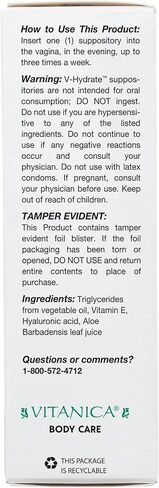 Vitanica V-Hydrate Pro Vaginal Health Suppository with Hyaluronic Acid(5mg), Aloe Leaf Juice and Vitamin E - Hydrating Support to Aid Vaginal Health -24 Vaginal Suppositories (Hormone Free, Drug Free) in Kuwait