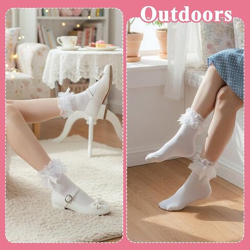 Tyqour Lace Ruffle Socks Women White Ruffle Ankle Women Ruffled Frilly Socks Fashion Elegant Princess and Comfortable Cute Design in Kuwait