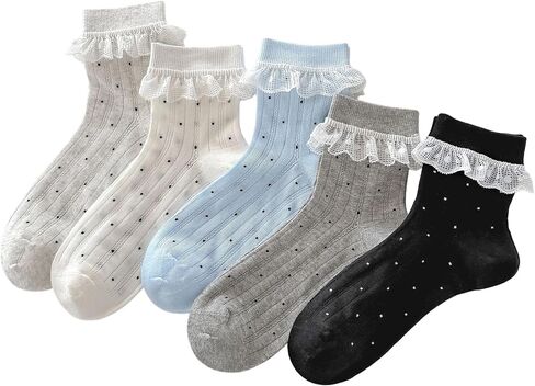5 Pack Women Cute Bow Korean Style Crew Socks Pink Lace Ruffle Mid Calf Socks Soft Girl Ballet Aesthetic Gift Set in Saudi Arabia