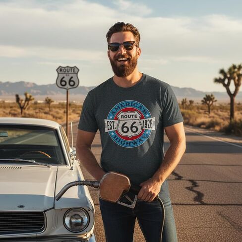 تي شيرت Fun Express Route 66 للبالغين - كم قصير، مزيج من القطن والبوليستر بنسبة 50/50، نسيج عالي الكثافة، ملصق قابل للتمزيق، حاشية بإبرة مزدوجة - 3XL in Kuwait
