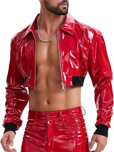 Mens Wetlook Leather Cropped Motorcycle Jacket Zipper Long Sleeve Lapel Cami Shirt Solid Collared Short Tops in Kuwait