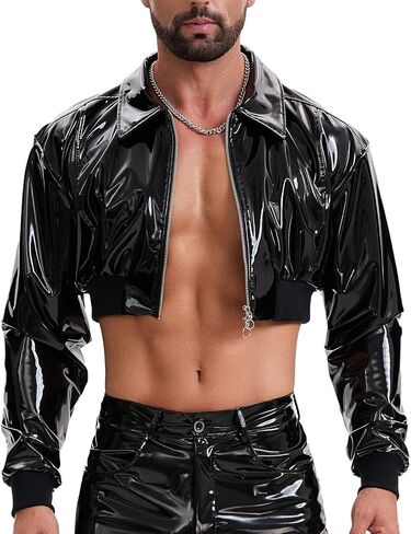 Mens Wetlook Leather Cropped Motorcycle Jacket Zipper Long Sleeve Lapel Cami Shirt Solid Collared Short Tops in Kuwait