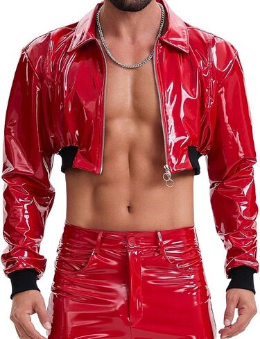 Mens Wetlook Leather Cropped Motorcycle Jacket Zipper Long Sleeve Lapel Cami Shirt Solid Collared Short Tops in Kuwait
