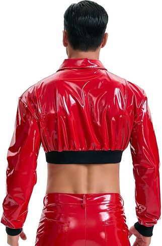 Mens Wetlook Leather Cropped Motorcycle Jacket Zipper Long Sleeve Lapel Cami Shirt Solid Collared Short Tops in Kuwait