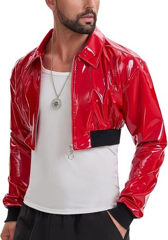 Mens Wetlook Leather Cropped Motorcycle Jacket Zipper Long Sleeve Lapel Cami Shirt Solid Collared Short Tops in Kuwait