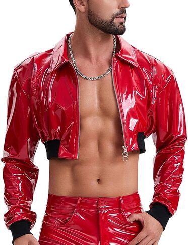 Mens Wetlook Leather Cropped Motorcycle Jacket Zipper Long Sleeve Lapel Cami Shirt Solid Collared Short Tops in Kuwait