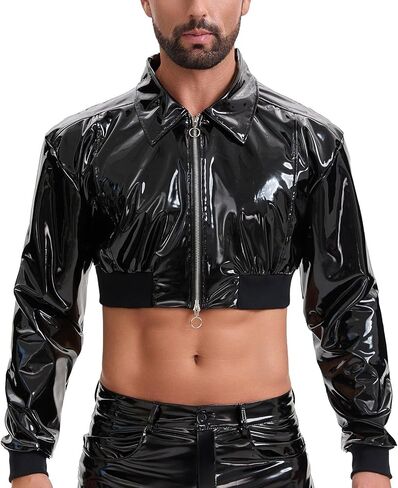 Mens Wetlook Leather Cropped Motorcycle Jacket Zipper Long Sleeve Lapel Cami Shirt Solid Collared Short Tops in Kuwait