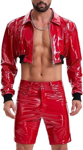 Mens Wetlook Leather Cropped Motorcycle Jacket Zipper Long Sleeve Lapel Cami Shirt Solid Collared Short Tops in Kuwait