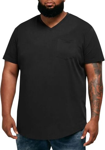 Runcati Mens Big and Tall Shirts Short Sleeve V Neck Casual Cotton T-Shirt Longline Hipster Hip Hop Tee Shirts with Pocket in Kuwait
