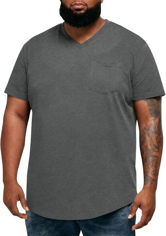 Runcati Mens Big and Tall Shirts Short Sleeve V Neck Casual Cotton T-Shirt Longline Hipster Hip Hop Tee Shirts with Pocket in Kuwait