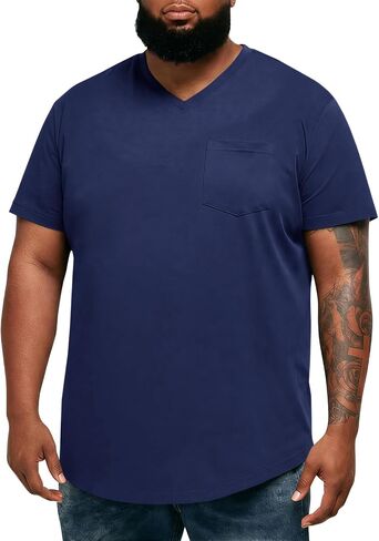 Runcati Mens Big and Tall Shirts Short Sleeve V Neck Casual Cotton T-Shirt Longline Hipster Hip Hop Tee Shirts with Pocket in Kuwait