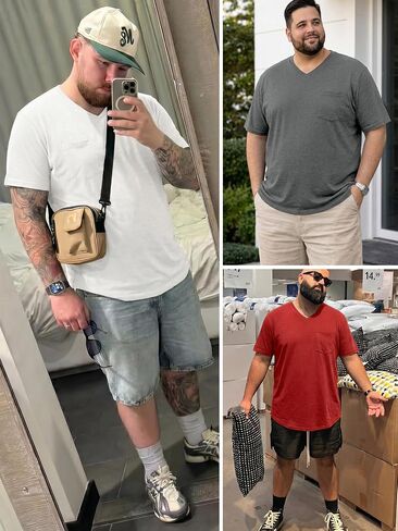 Runcati Mens Big and Tall Shirts Short Sleeve V Neck Casual Cotton T-Shirt Longline Hipster Hip Hop Tee Shirts with Pocket in Kuwait