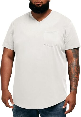 Runcati Mens Big and Tall Shirts Short Sleeve V Neck Casual Cotton T-Shirt Longline Hipster Hip Hop Tee Shirts with Pocket in Kuwait