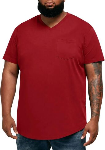 Runcati Mens Big and Tall Shirts Short Sleeve V Neck Casual Cotton T-Shirt Longline Hipster Hip Hop Tee Shirts with Pocket in Kuwait