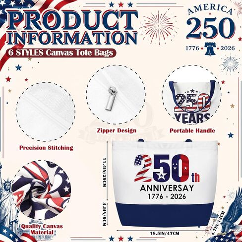 24 Pcs 250th Anniversary Canvas Tote Bags for Women Men Patriotic Collectors 4th of July Independence Day Gift Bag in Saudi Arabia