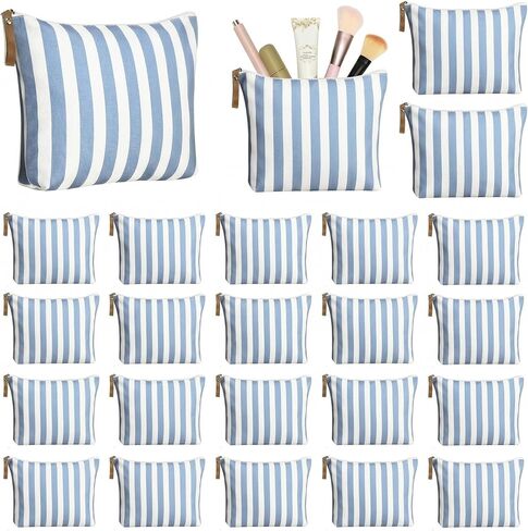 Hillban 24 Pcs Blue Striped Makeup Bags Bulk Canvas Cosmetic Bag Beach Themed Gifts Travel Toiletry Organizer Zipper Pouch Bags for Women Bridemaids Party Favors in Saudi Arabia
