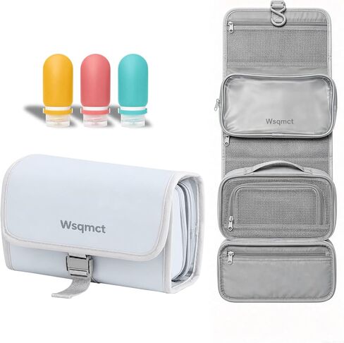 Hanging Travel Toiletry Bag, Waterproof Travel Bag for Toiletries Makeup Cosmetic Bag Organizer for Women Traveling Bathroom Shower, with 3 Silicone Travel Bottles, Blue in Saudi Arabia