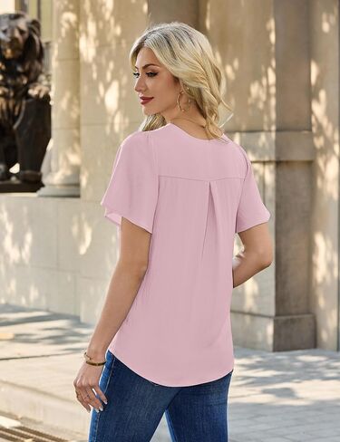 Blooming Jelly Womens Dressy Casual Blouses Business Work Summer Tops Cotton Dress Shirts Trendy Zip Ruffle Short Sleeve Outfits (Pink,Large) in Kuwait