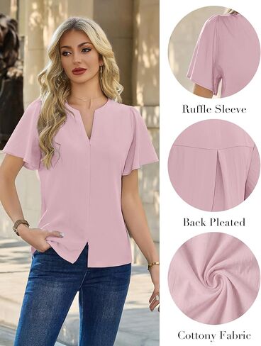 Blooming Jelly Womens Dressy Casual Blouses Business Work Summer Tops Cotton Dress Shirts Trendy Zip Ruffle Short Sleeve Outfits (Pink,Large) in Kuwait