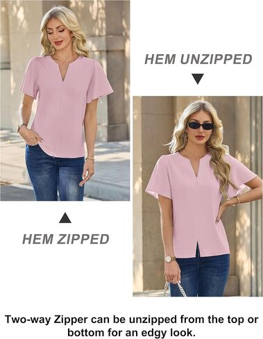 Blooming Jelly Womens Dressy Casual Blouses Business Work Summer Tops Cotton Dress Shirts Trendy Zip Ruffle Short Sleeve Outfits (Pink,Large) in Kuwait