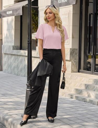 Blooming Jelly Womens Dressy Casual Blouses Business Work Summer Tops Cotton Dress Shirts Trendy Zip Ruffle Short Sleeve Outfits (Pink,Large) in Kuwait