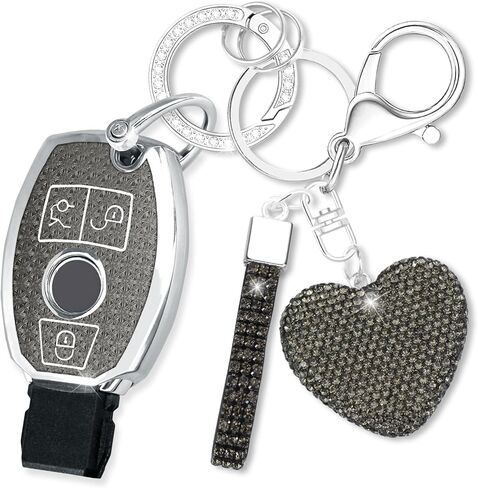 Key Fob Cover with Diamond Keychain for Mercedes Benz Car Key Shell Compatible with Mercedes Benz C E M S CLS CLA GLK GLA GLC GLE AMG Class Remote Key for Women (3 Buttons-Silver Heart) in Kuwait
